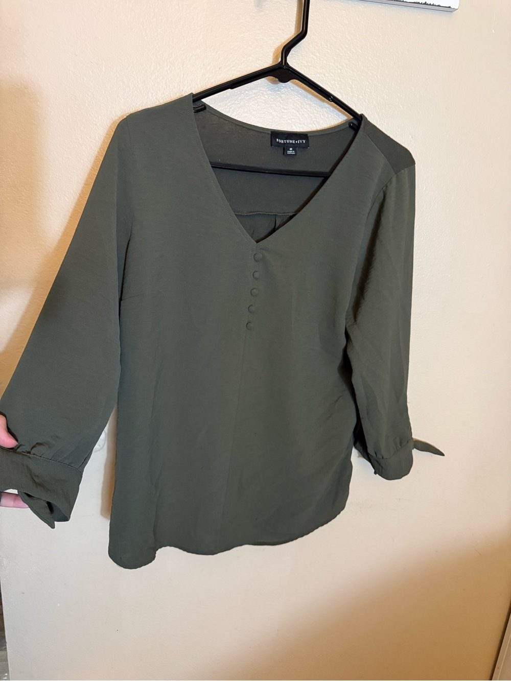 Fortune + Ivy Olive Green V-Neck Button-Front Blouse